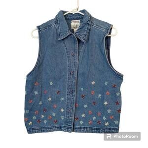 vintage christopher & banks hand embroidered flower daisy denim vest medium